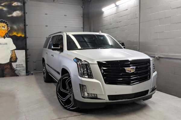 Cadillac Escalade matt aluminum wrap with gloss black chrome delete